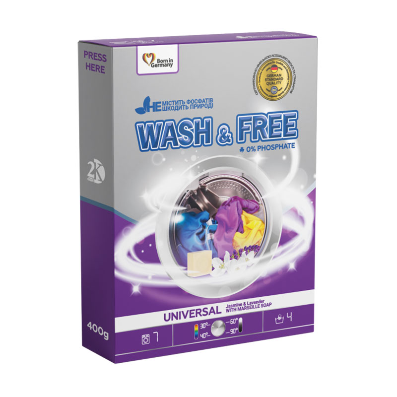 Універсальний порошок для прання Wash &amp; Free Universal Washing Powder Жасмин та лаванда з марсельським милом, 7 циклів прання, 400 г